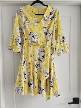 Eliza J Yellow Floral Mini Dress Ruffle Hem Bell Sleeve